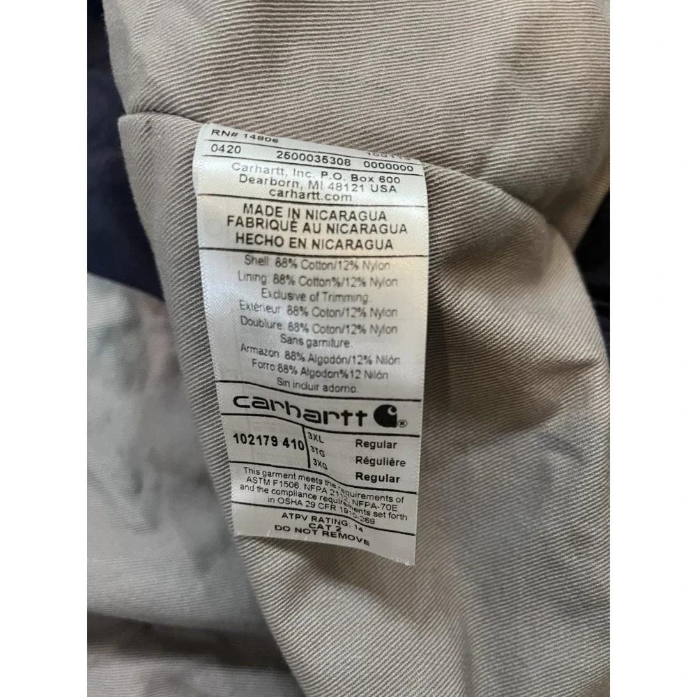 Carhartt Mens 2XL Navy FR CAT2 Full Swing Quick Duck Blue‎ Jacket 102179